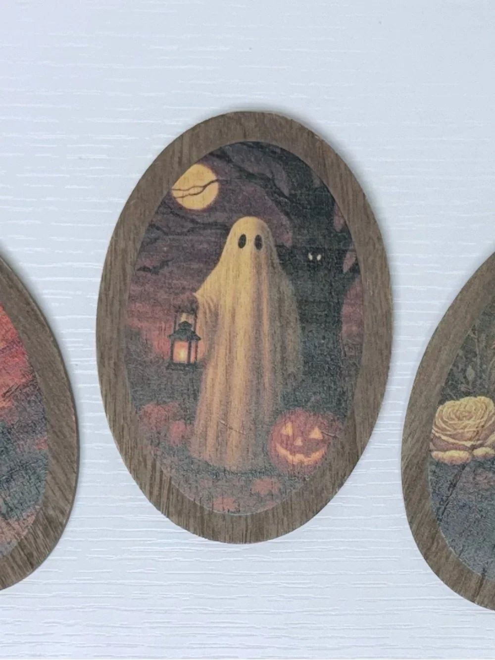 Set of 3 Wood Icon Signs Standing Ghost, Raven, & Black Cat Bullseye Playground